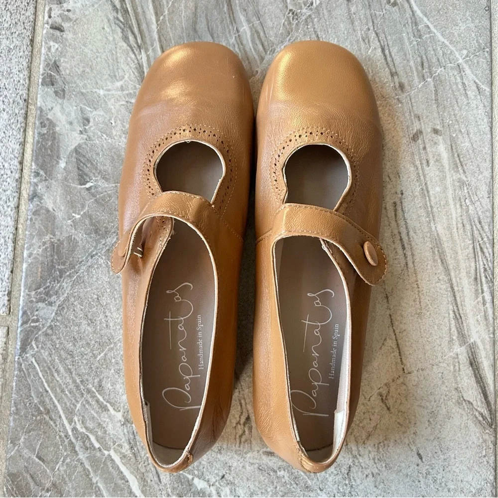 Papanatas Leather Camel Old School Mary Janes, Big Girls Size 38 EU Or 7 US